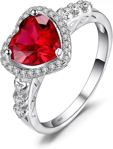 JewelryPalace Heart Of Ocean Heart Created Red Ruby Halo Promise Ring for her, Anniversary 925 Sterling Silver Rings for Women, Forever Love Gemstone Rings, Girls Womens Jewelry Sets