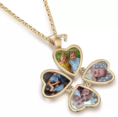 Jewelstruck Updated Personalized Heart Locket Necklace, Gold Locket with Picture Custom for Women Mom Daughter Lucky Four Leaf Pendant Charms Vintage Gifts for Mom Wife Her Birthday Christmas