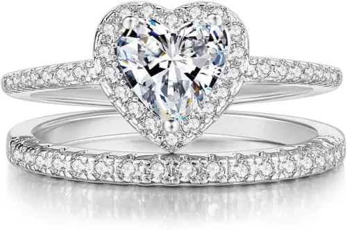 Jude Jewelers Rhodium Plated Heart Shaped Engagement Eternity Bridal Anniversary Promise Wedding Band Ring Set (Silver, 7)