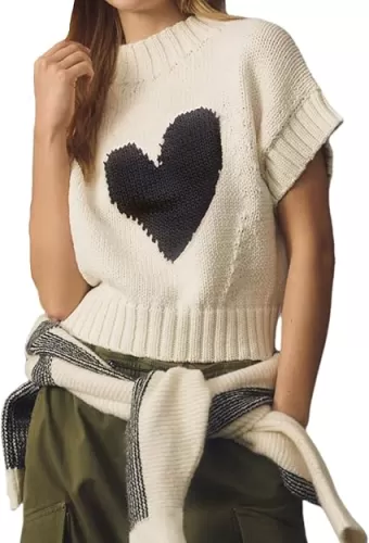 Kedera Womens Heart Short Sleeve Sweaters Pullover Shirt Tops Crew Neck Lightweight Ribbed Knit Sweater Blouses
