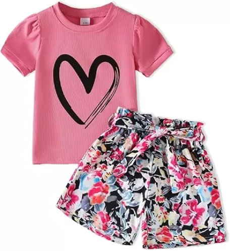 Kids Girl Clothes Heart Print Short Sleeve Top and Shorts Cute Girl Summer Outfits Short Set