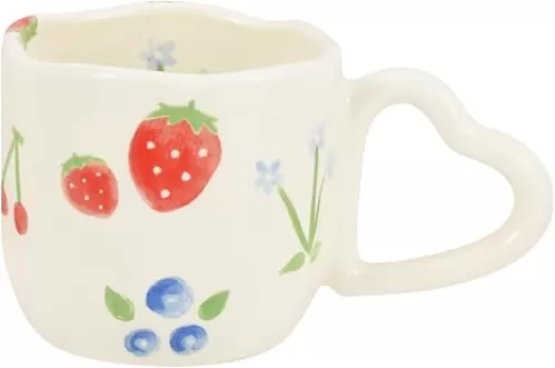 Koythin Ceramic Coffee Mug, Novetly Printed Flower Cup with Heart Shaped Handle for Office and Home, 8.5 oz/250 ml for Latte Tea Milk (Strawberrys and Blue Flowers)