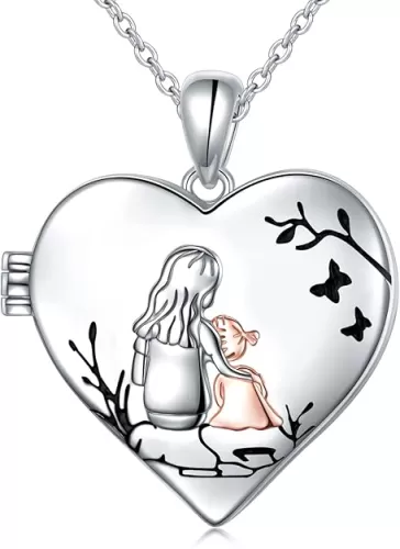 Ladytree S925 Sterling Silver Love Heart Mother and Daughter Keepsake Hold Pictures Photo Locket Memory Pendant Necklace Gifts for Women Grandma Mother Daughter