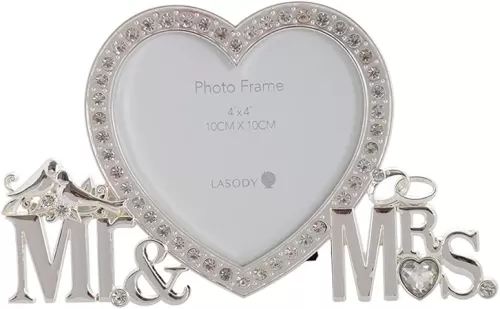 Lasody Crystal Heart Mr & Mrs Picture Frame, 4x4 Inch, Newlywed Photo Gift for Wedding, Display on Tabletop, Desk
