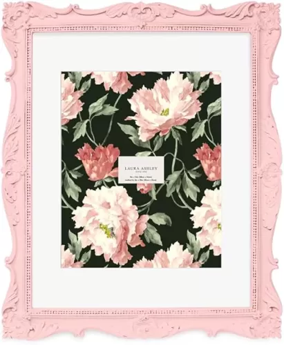 Laura Ashley 11x14 Pink Ornate Textured Hand-Crafted Resin Picture Frame, Wall Mount, Decorative Floral Design Home Décor, Photo Gallery, Art, More (Pink, 11x14 (Matted 8x10))