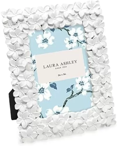Laura Ashley 2x3 White Flower Textured Hand-Crafted Resin Picture Frame w/Easel & Hook for Tabletop & Wall Display, Decorative Floral Design Home Décor, Photo Gallery, Art (2x3, White)