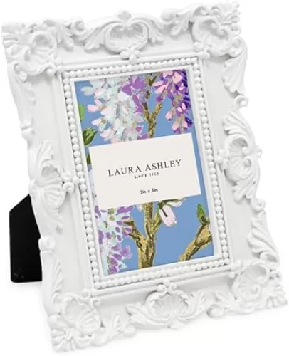 Laura Ashley 2x3 White Ornate Textured Hand-Crafted Resin Picture Frame with Easel, for Tabletop & Wall Display, Decorative Floral Design Home Décor, Photo Gallery, Art & More (2x3, White)