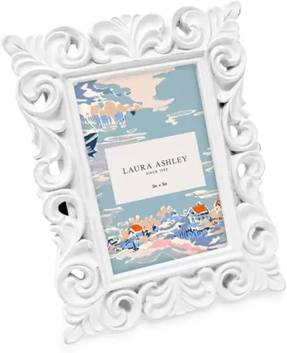 Laura Ashley 2x3 White Vintage Inspired Resin Scroll Design Picture Frame with Thin Border, Horizontal & Vertical for Tabletop and Wall Display, Home Décor (2x3, White)