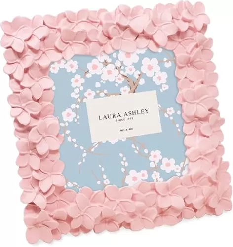 Laura Ashley 4x4 Pink Flower Textured Hand-Crafted Resin Picture Frame with Easel & Hook for Tabletop & Wall Display, Decorative Floral Design Home Décor, Photo Gallery, Art, More (4x4, Pink)