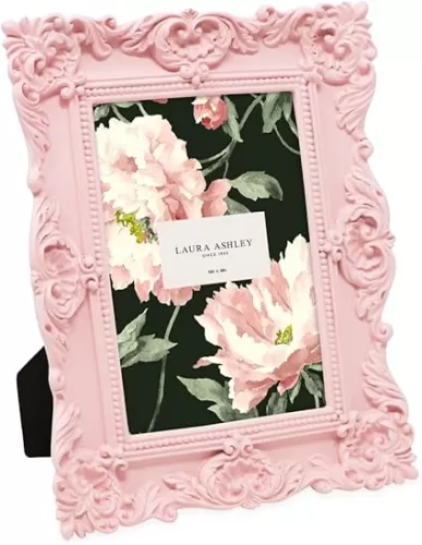 Laura Ashley 4x6 Pink Ornate Textured Hand-Crafted Resin Picture Frame with Easel & Hook for Tabletop & Wall Display, Decorative Floral Design Home Décor, Photo Gallery, Art, More (4x6, Pink)