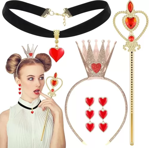 Liliful 4 Pcs Heart Queen Costume Accessories Party Accessories Gold Crown Headband Scepter Wand