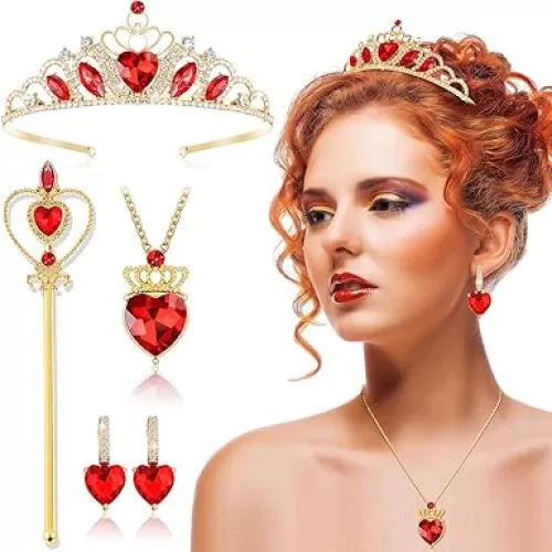 Liliful 4 Pcs Heart Queen Costume Accessories Red Crown Necklace and Scepter Heart Dangle Earrings for Halloween Party