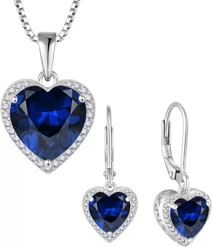 Love Heart Jewelry Set for Women Sapphire Necklace & Earrings September Birthstone Jewelry
