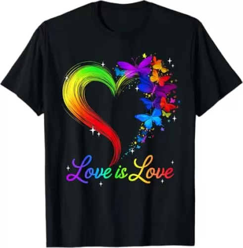 Love Is Love LGBT Butterfly Heart Rainbow Gay Lesbian Pride T-Shirt