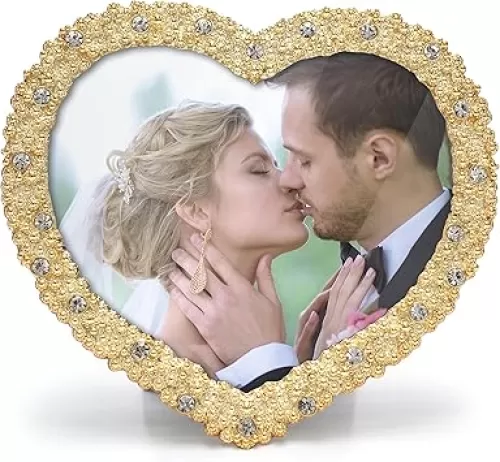 MIMOSA MOMENTS Heart shaped Jewel Bling Brass Picture Frame with Rhinestones, Tabelop Photo Frame for DesktopChristmas, Wedding Anniversary, Birthday or Bride Wedding Day Gifts for Grandma Mom Couple