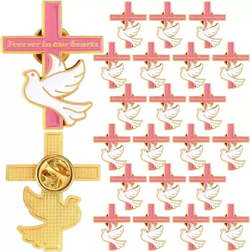 Misdary Metal Funeral Cross Pins Favor for Guests Memorial Forever in Our Hearts Dove Lapel Pin for Memorial Service Mourning