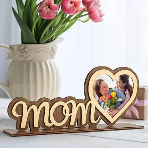 Mothers Day Picture Frame Wooden- Gifts for Mother from Daughter or Son- Personalized Sign with Photo-Standing Frame with Wood Heart Shape Photo Frame- Happy Mother’s Day Gifts