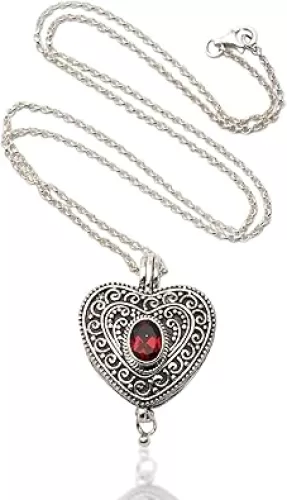 NOVICA Artisan Handmade Garnet Locket Necklace .925 Sterling Silver Heart Shaped Red Pendant Indonesia Romantic Birthstone Balinese 