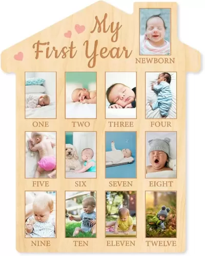 ORIGACH My First Year Baby Growth Photo Display Wood Board - 12 Months Newborn Milestones Photo Board - Neutral Baby Keepsake Frame 1st Birthday Party Nursery Decor New Mom Gift - Pink Heart