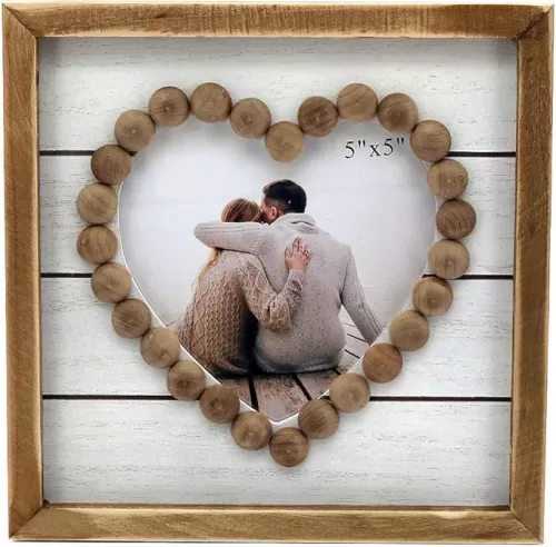 Paris Loft Wood Heart-Shaped Picture Frames|Cute Farmhouse Style Vintage Photo Frame with Wood Beads.