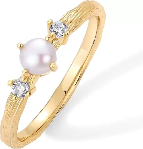 PAVOI 14K Gold Plated Pearl Hammered Ring for Women | Dainty Elegant Stackable Cubic Zirconia Thin Band for Women