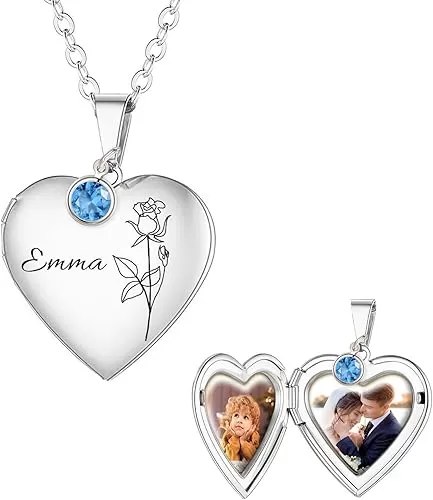 Personalized Heart Necklace with Picture inside Custom Locket Necklace for Women Girl Kids Engraved Birth Flower Text for Heart Locket Necklace Gold/Silver/Rose Gold Christmas Birthday Gifts