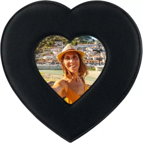 PETCEE Black Leather Picture Frame - 8.5" Soft Heart-Shaped Leather Photo Frame Christmas Thanksgiving Birthday Anniversary Valentines