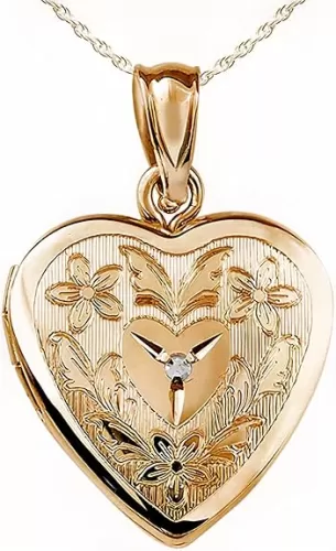 PicturesOnGold.com 14K Gold Filled Floral Heart Photo Locket with Diamond - 3/4 inch x 3/4 inch - Includes 18 inch Chain