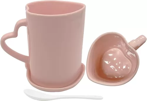 Pink Heart Shaped Cup and Saucer Large Ceramic Coffee Mug 16.6oz Cute Cup Love Gift for Weddings Birthday Anniversary Mother's Day Valentines Day Home Decor for Couple Lovers (Pink)
