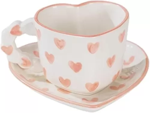 Pink Mug with Saucer, Heart Shaped Ceramic Tea Cup and Plate Set, Romantic Pink Tea Cups for Coffee or Tea, Send Goods from Local Warehouse