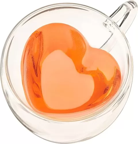 Pinky Up Kendall Heart Shaped Glass Tea Cups with Handle, Double Walled Coffee Mugs, Drinking Glasses for Hot Chocolate Milk, Latte, Eggnog, Cocktails, Mocktails, Smoothies, Home Kitchen 8 oz Set of 1