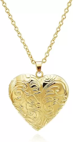 POYAMUSE Heart Locket Necklace for Women, Vintage Brass Locket Pendant - Floral Engraved Design, Heart Shaped Pendant Keepsake Jewelry
