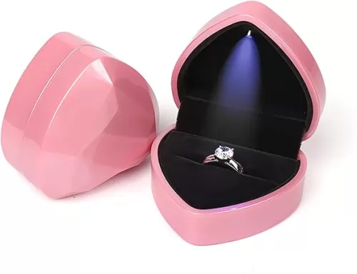 Ring Box Heart Shaped LED Light Engagement Jewelry Case for Proposal Wedding Valentine Christmas Mothers Anniversary Thanksgiving Gift Pink