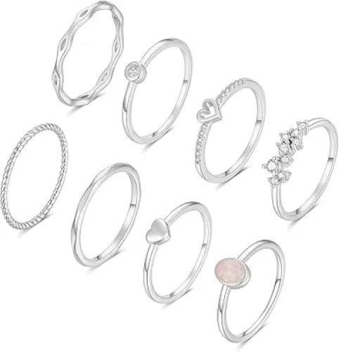 RLMOON 8-12PCS 14K Gold Stacking Ring Set for Women Dainty Thumb Stackable Rings Gold Heart CZ Non Tarnish Rings Plain Band Size 4-11