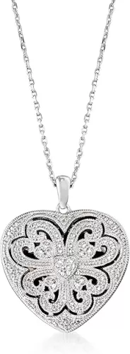 Ross-Simons Sterling Silver Scrolled Heart Locket Necklace With Diamonds. 16 inches