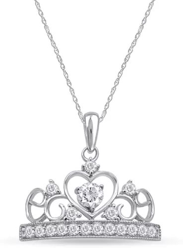 Round Cut Simulated Birthstone & White Cubic Zirconia Heart Crown Pendant Necklace Along With 18" Silver Chain Jewelry For Women In 14k White Gold Over Sterling Silver