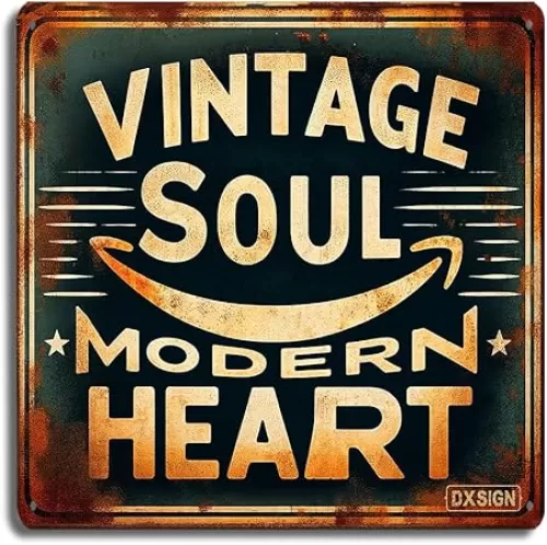 Rustic Vintage Metal Tin Sign 8x8 inches – 'Vintage Soul Modern Heart' - Retro Chic Wall Decor for Contemporary Home, Distressed Antique Finish, Perfect for Bedroom, Studio, and Coffee Shop