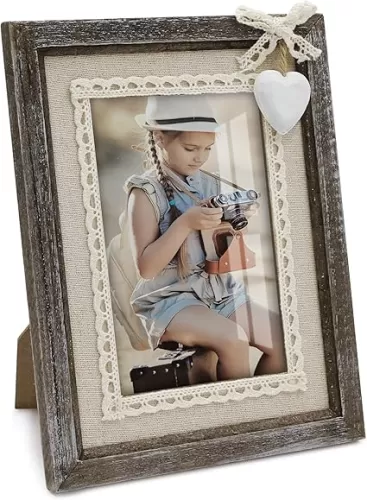 Sapowerntus 4x6 Rustic Picture Frames Wood Farmhouse Cute Heart Love Solid Wooden Photo Frame Lace Bow Glass Boho Wall Decor Hanging Tabletop Mother Grandma Family Kids Wedding Gift