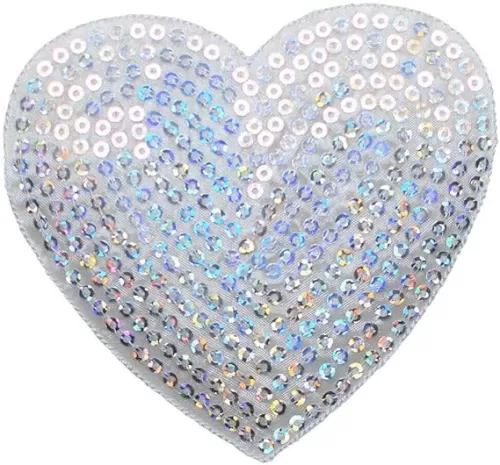 Sequin Heart Applique Patch - White, Silver, Love Badge 4" (Iron on)