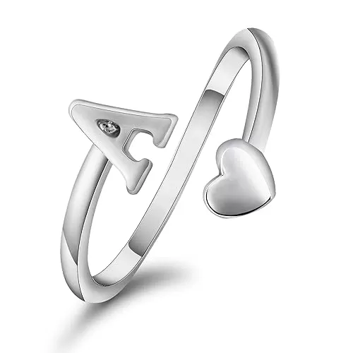 Silver Initial Ring Heart Letter Ring Adjustable Rings for Women Stackable Sterling Silver Rings Statement Open Rings for Gift