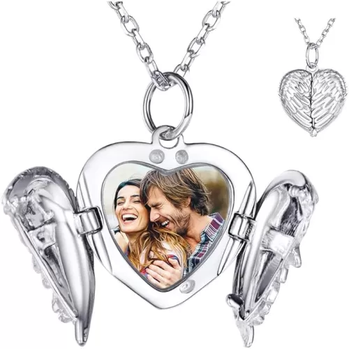 SILVERCUTE Personalized & Engraved Locket Necklace with 18" Chain -Angel Wings Locket, Custom Heart Locket Pendant that Holds Picture, Sterling Silver or Gold Plated