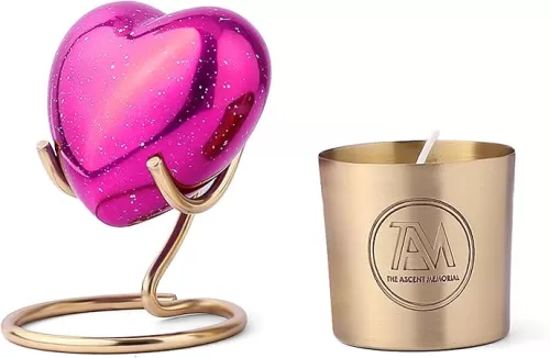 Small Pink Heart Urn for Human Funeral Ashes Male Female | Pack of Mini Urn, Golden Display Stand, Scented Candle, Velvet Carry Bag, a Paper Funnel | Pink Heart