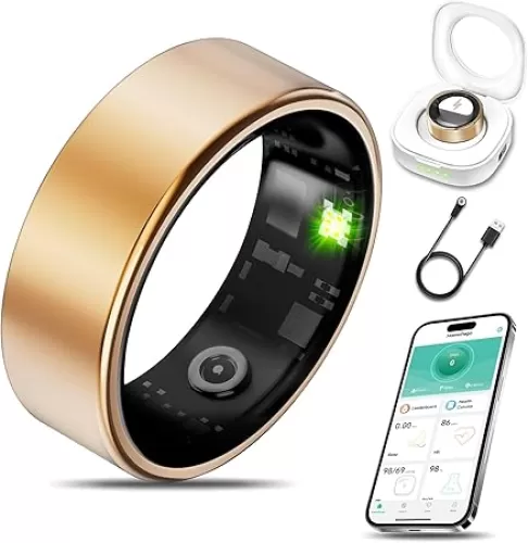 Smart Health Ring for Women Men Fitness Tracker with Heart Rate, Blood Oxygen, Blood Pressure, Sleep Monitoring, Step Counting, IP68 Waterproof for iPhone and Android, No Subscription Fee, Gold 9