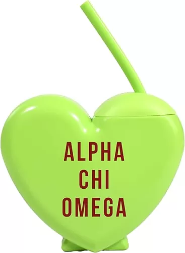 Sorority Shop Alpha Chi Omega Tumbler with Straw - Candy Heart Shaped 16 Oz Tumbler with Lid and Silicone Straw, Reusable Plastic Cup with Screen Printed Sorority Name for any Cold Drink