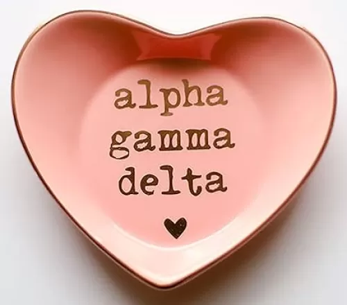 Sorority Shop Alpha Gamma Delta Jewelry Dish - Heart-Shaped High-gloss finish Ceramic tray with Gold Detailing, Multi-Function Ceramic Ring Dish for Home or Office, Ideal for Jewelry and Keys