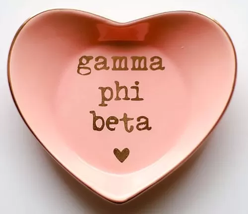 Sorority Shop Gamma Phi Beta Jewelry Dish - Heart-Shaped High-gloss finish Ceramic tray with Gold Detailing, Multi-Function Ceramic Ring Dish for Home or Office, Ideal for Jewelry and Keys
