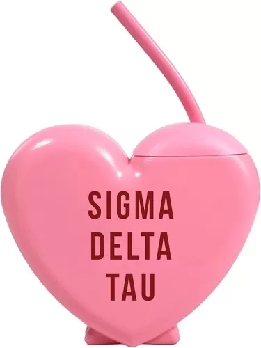 Sorority Shop Sigma Delta Tau Tumbler with Straw - Candy Heart Shaped 16 Oz Tumbler with Lid and Silicone Straw, Reusable Plastic Cup with Screen Printed Sorority Name for any Cold Drink