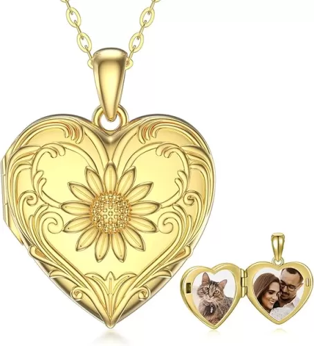 SOULMEET 10K 14K 18K Solid Gold Personalized Sunflower/Starburst/Cross/Rose/Lotus/Butterfly/Turtle/Celtic/Bee Heart Locket Necklace That Holds Picture Gift Choice