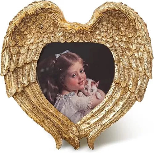 SWTHONY Vintage Picture Frames, 4x4 Antique Angel Wings Heart Shaped Memorial Photo Frame with High Definition Glass Front, Bronze Gold Baroque Style