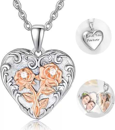 TANGPOET Flower Heart Locket Necklace for Women 925 Sterling Silver Personalized Photo Locket that Hold Two Pictures Memorial Keepsake Jewelry Gifts for Birthday Christmas
